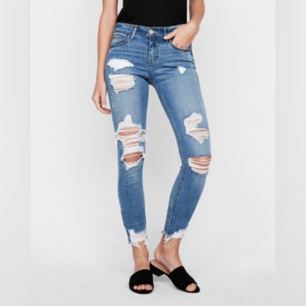 Express Ripped Skinny Jeans in Dark Blue Wash